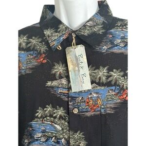 Batik Bay Men Hawaiian Camp XL Aloha Shirt Black Fishing Village Lobster NWT $46